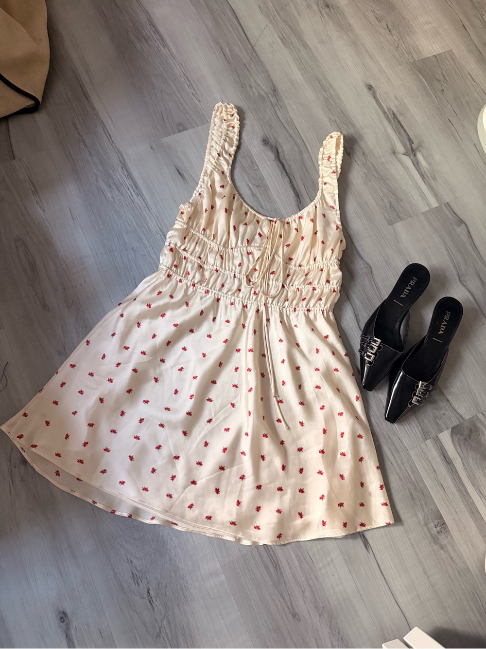 Zara satin Cream Mini Dress with Red Floral Print